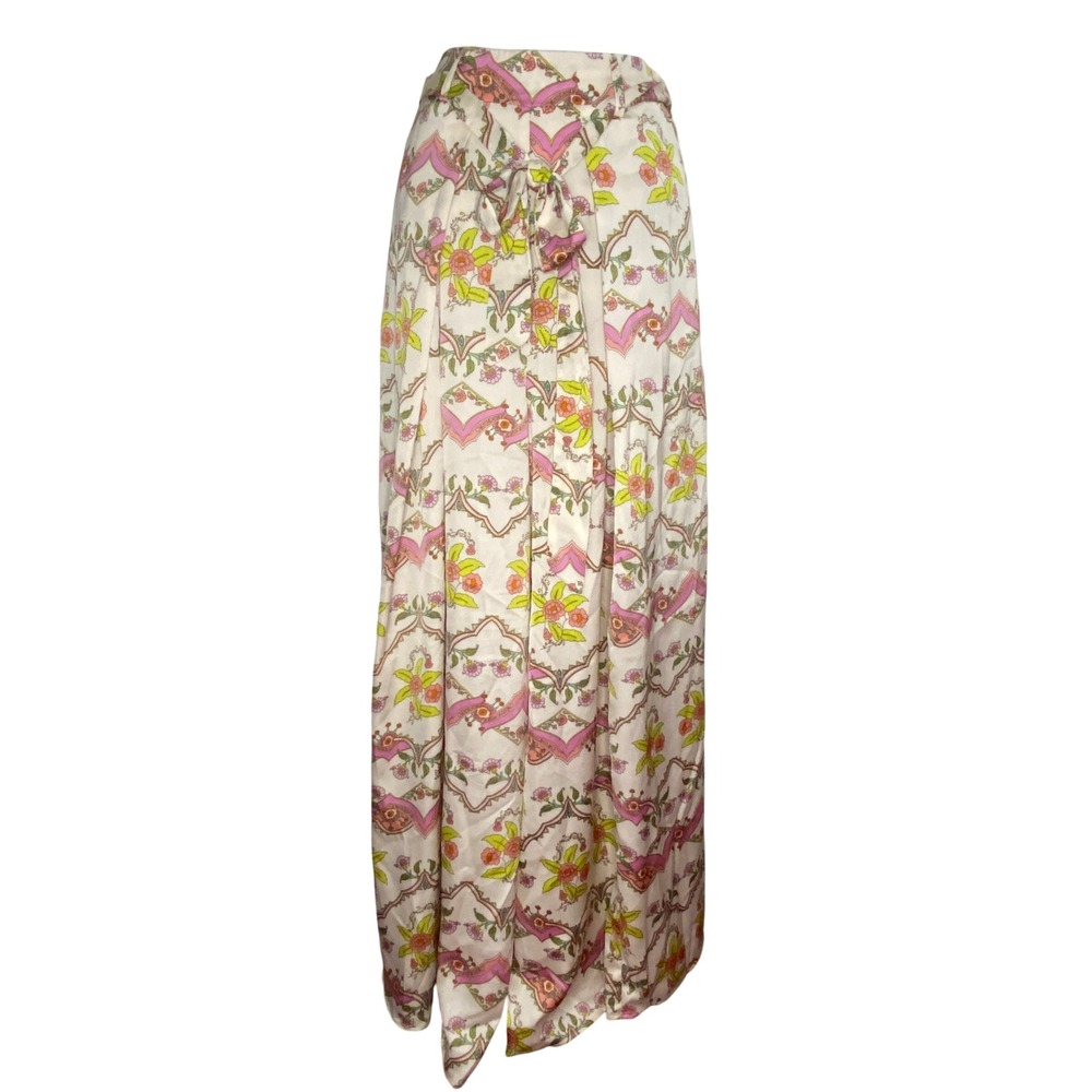 Sweet Lemon Floral Wide Leg Palazzo Pants Pink Cream Boho Tie Waist Medium